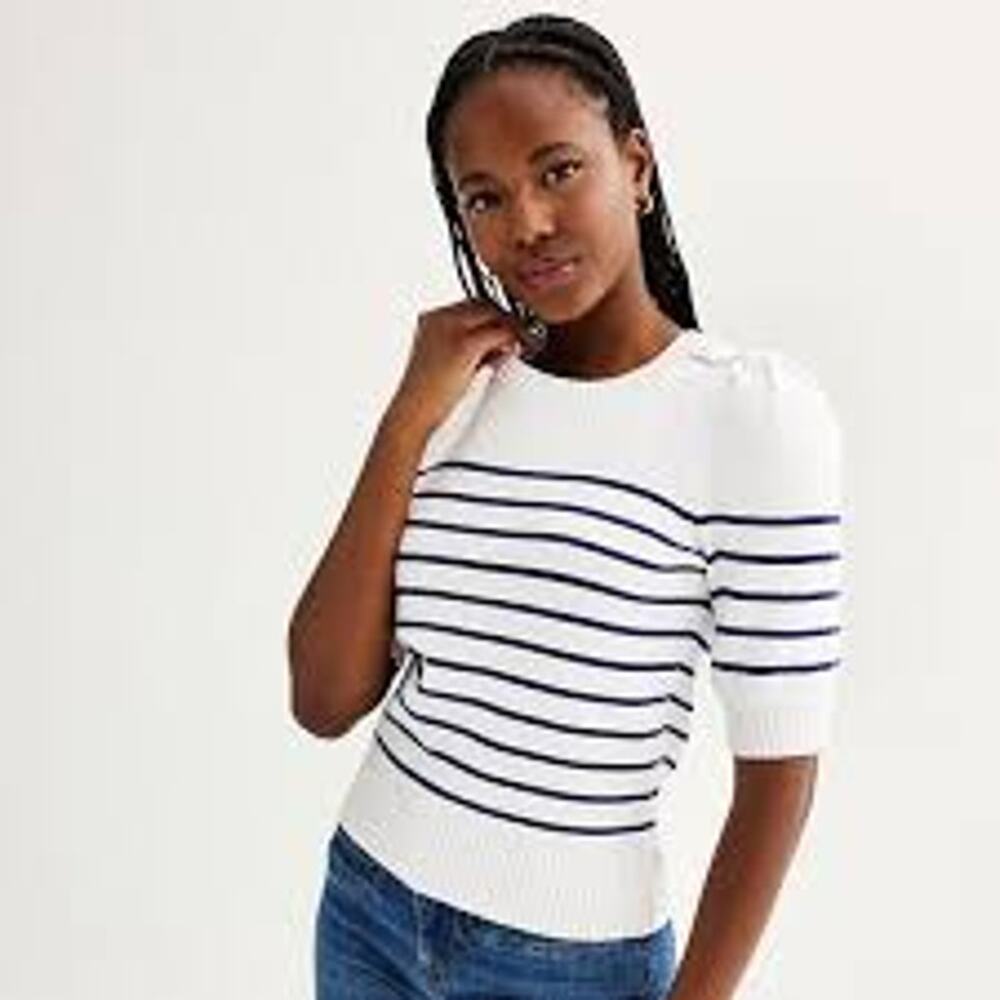 Draper James - Button Shoulder Puff Elbow Sleeve Striped Sweater - Women's Sz XL